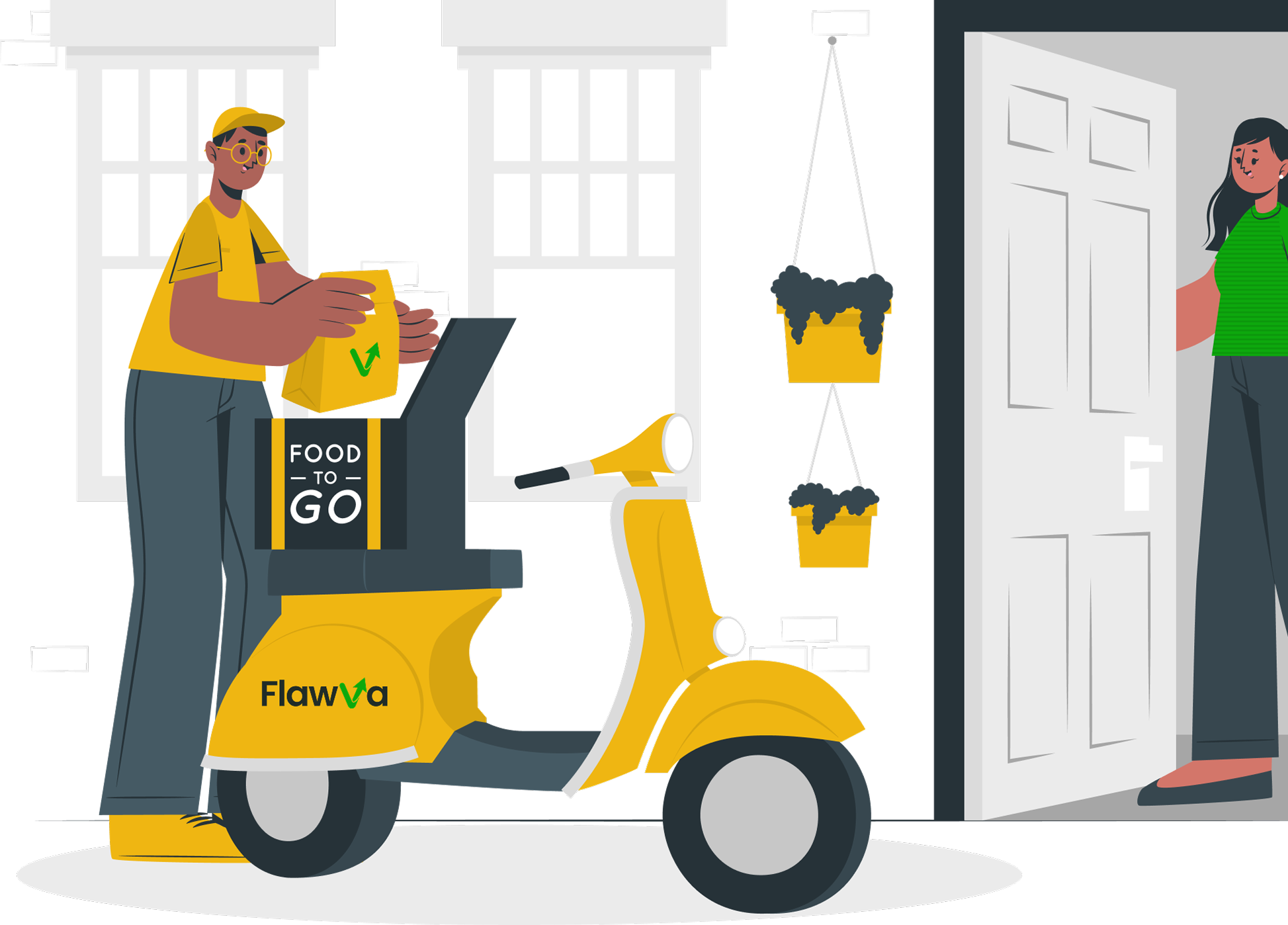 Food delivery illustration with scooter and delivery person