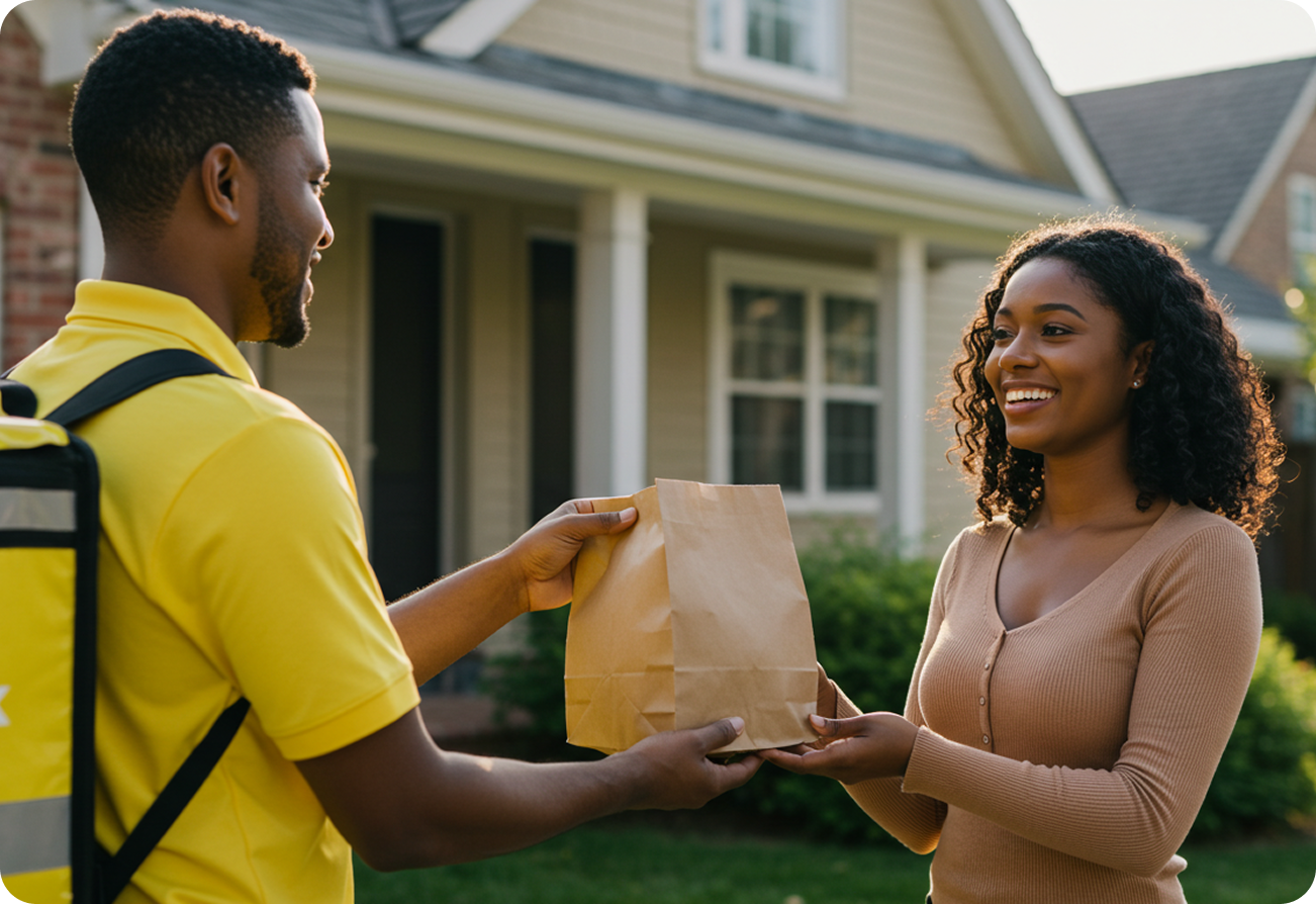 Delivery person handing food to customer